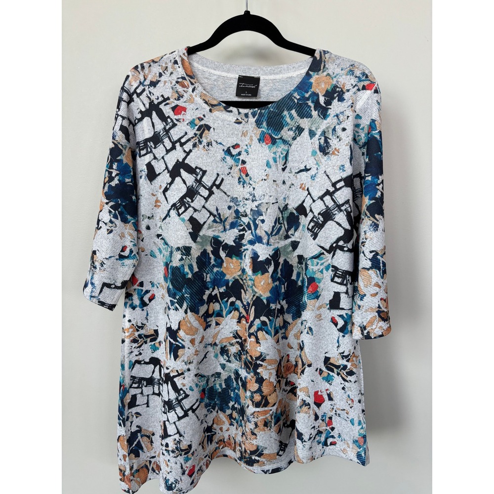 Inoah Women Abstract Print Tunic Top Grey Blue Orange 3/4 Sleeve L T1216PS